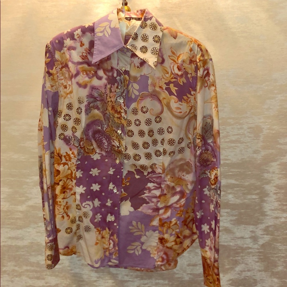 Etro cream lilac print button down blouse